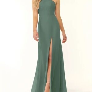 Azazie Rue Eucalyptus Green One-Shoulder Slit Gown